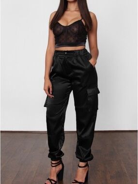 Satin Cargo Joggers - Black